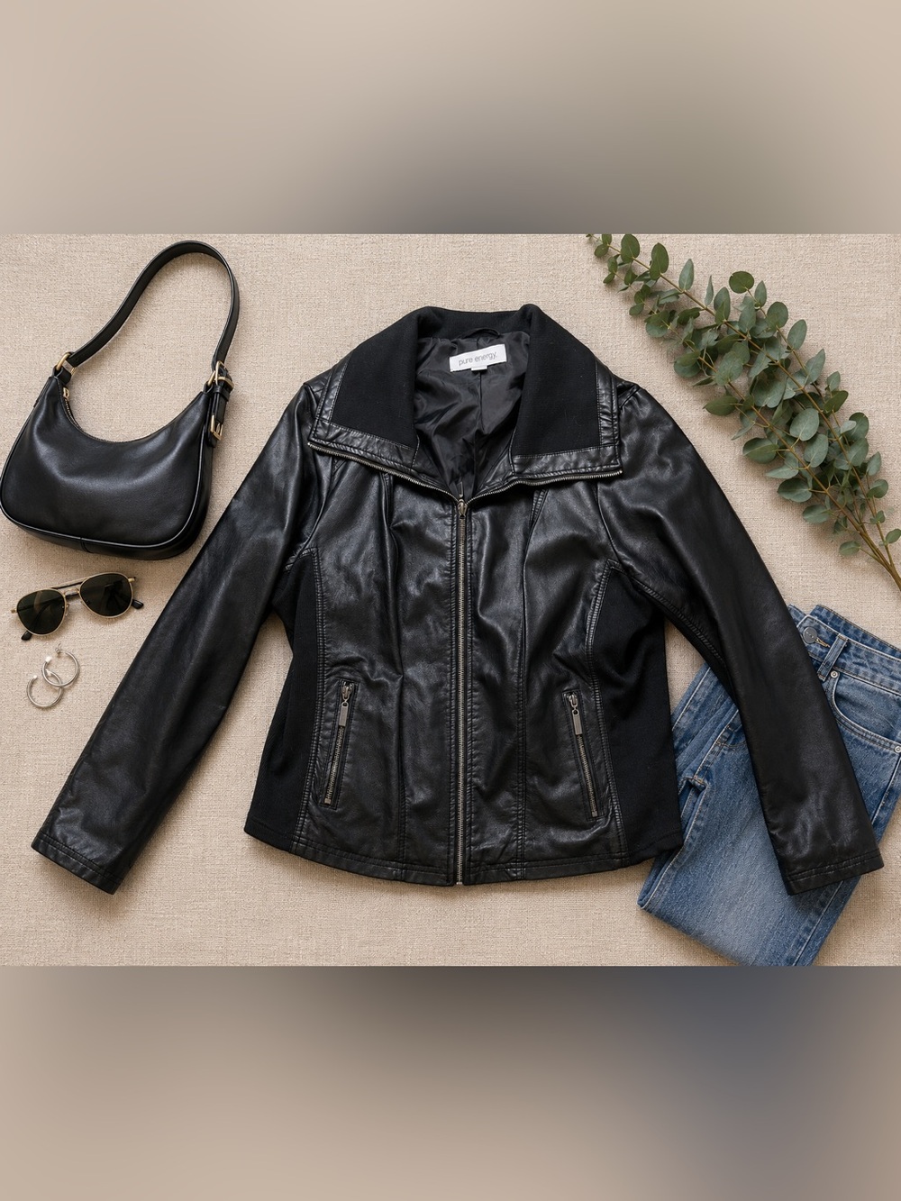 Pure Energy Black Faux Leather Moto Jacket Women’s Plus Size X Zip Front